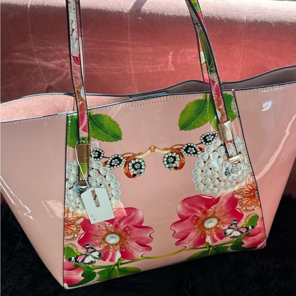 paris flea Handbags - Pink Floral Patent Tote Bag with Pearl and Jewel Accent